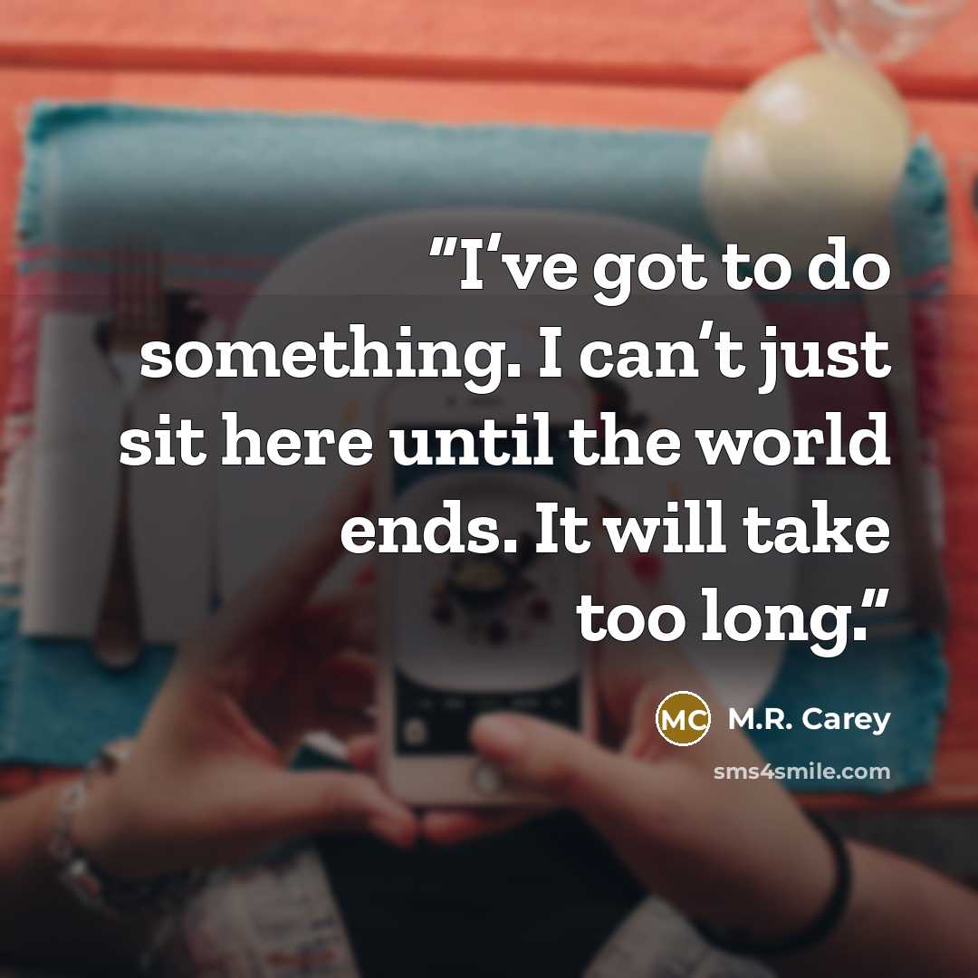 “I’ve got to do something. I can’t just sit here until the world ends. It will take too long.” quote by M.R. Carey