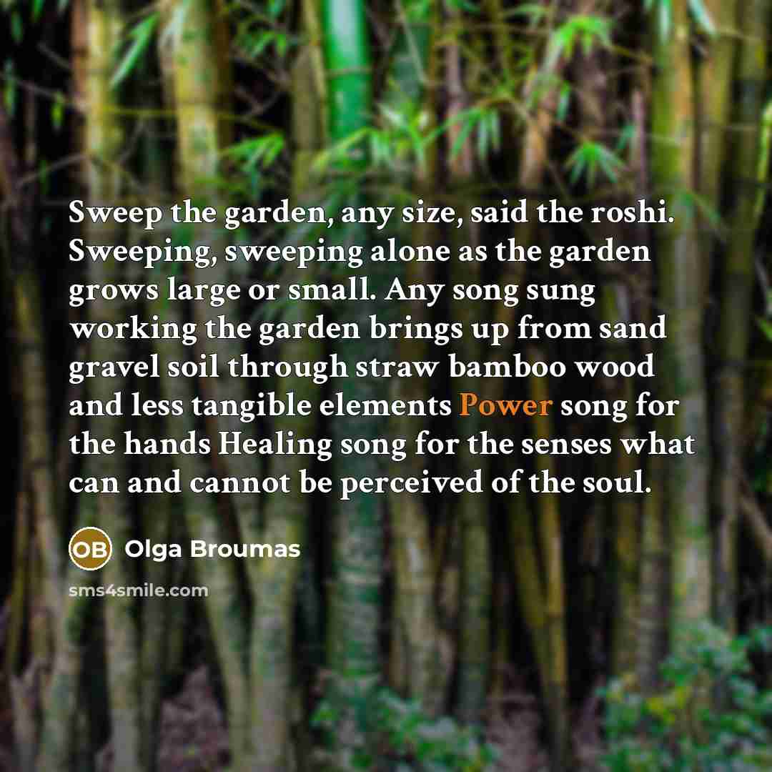 “Sweep the garden, any size, said the roshi. Sweeping, sweeping…” quote by Olga Broumas