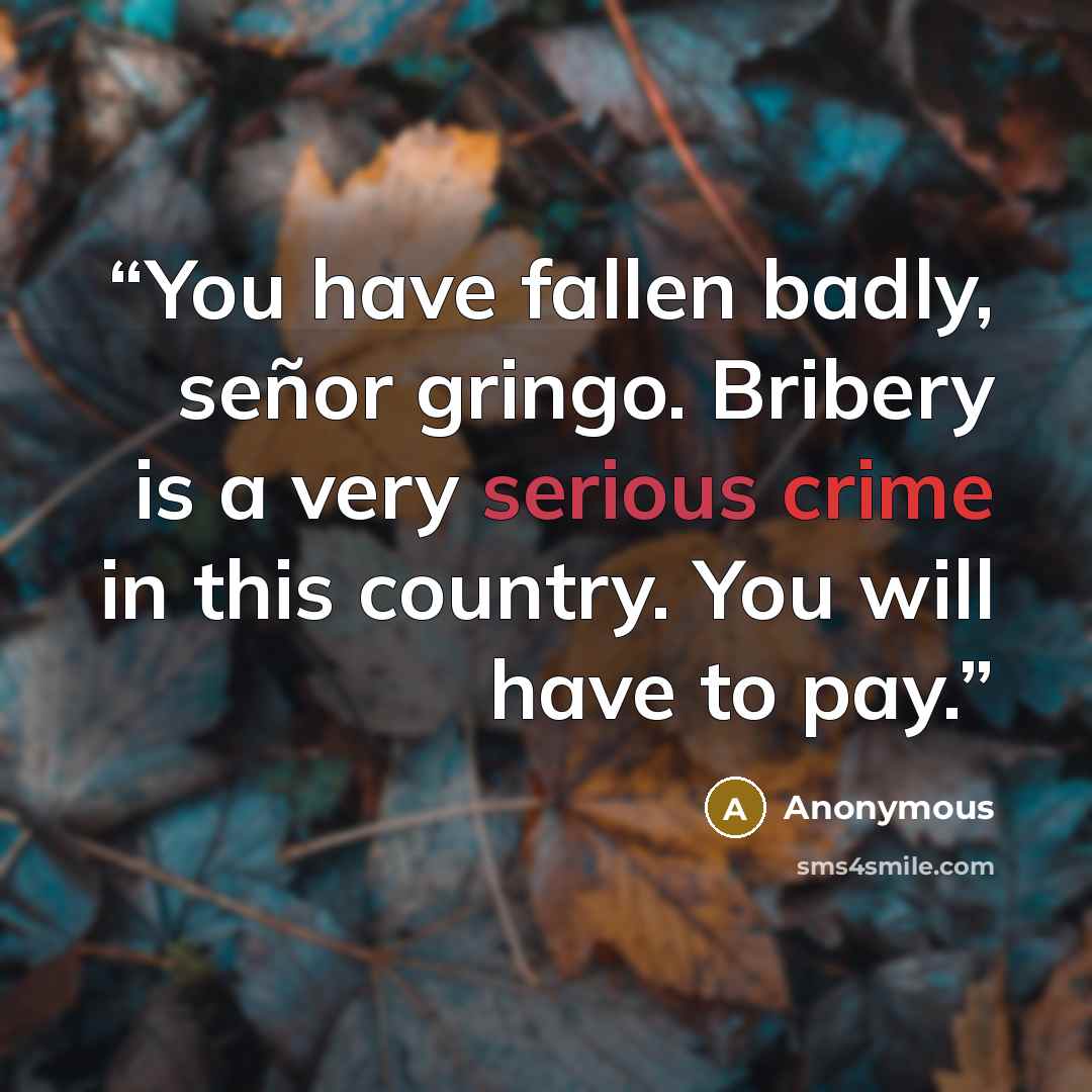 “You have fallen badly, señor gringo. Bribery is a very serious crime in this country. You will have to pay.” quote by Anonymous