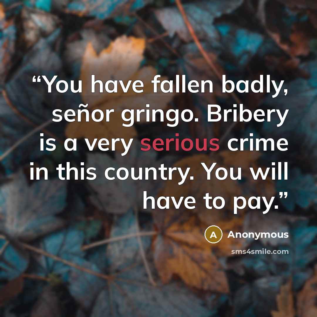 “You have fallen badly, señor gringo. Bribery is a very serious crime in this country. You will have to pay.” quote by Anonymous