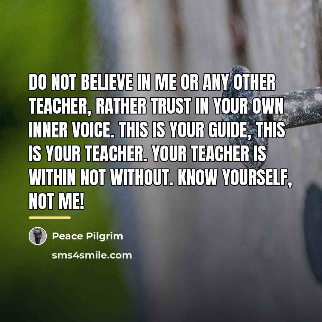 “Do not believe in me or any other teacher, rather…” quote by Peace Pilgrim