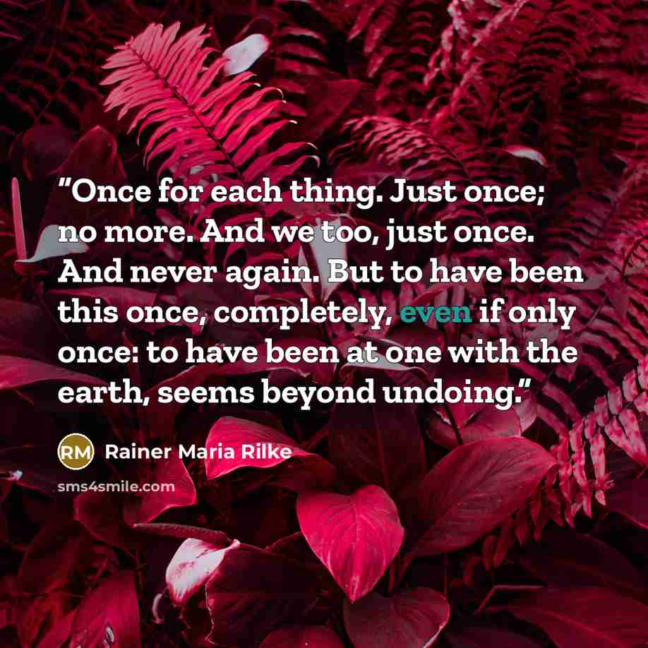 “Once for each thing. Just once; no more. And we too, just once. And never again. But to have been this once, completely, even if only once: to have been at one with the earth, seems beyond undoing.” quote by Rainer Maria Rilke