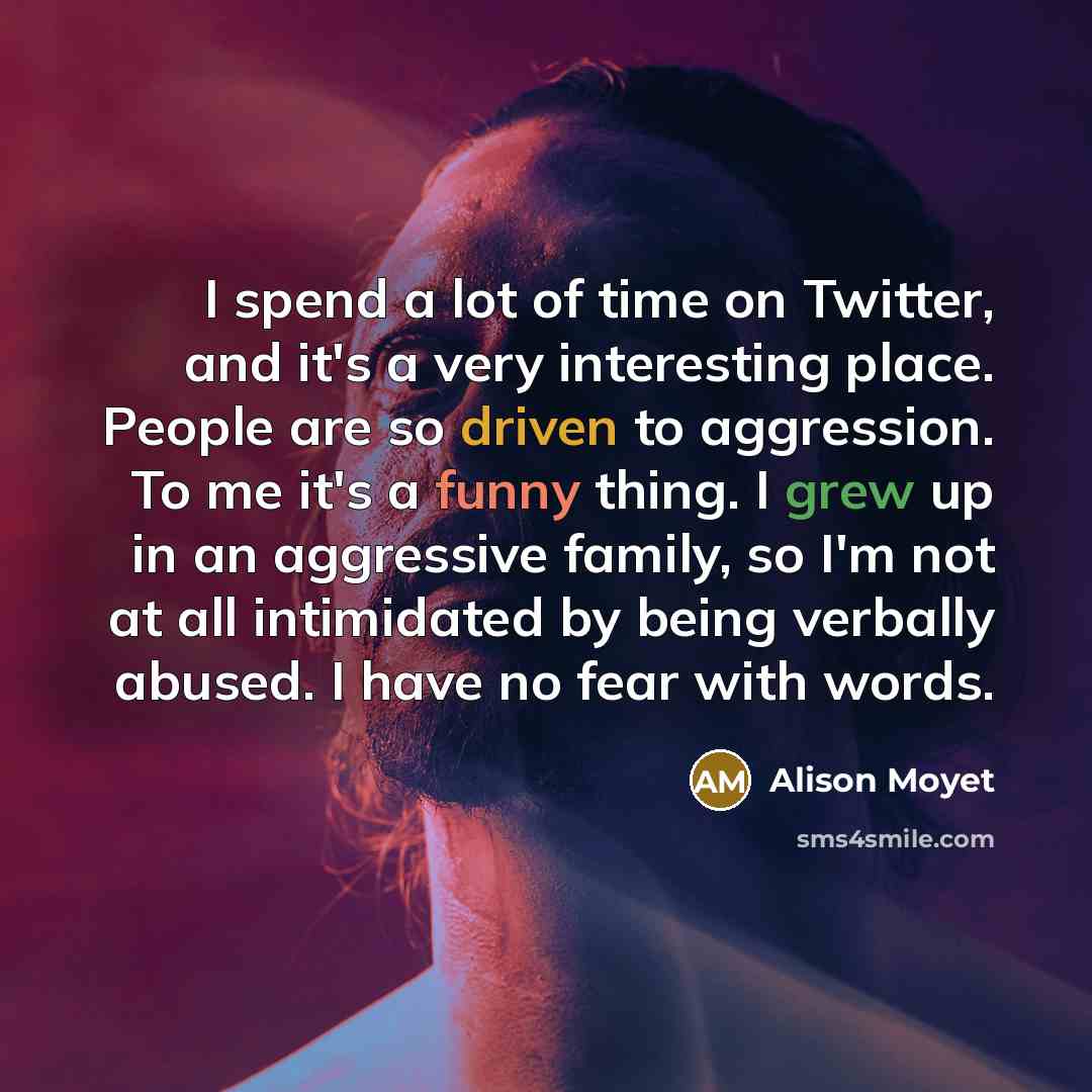 “I spend a lot of time on Twitter, and it's a very interesting place. People are so driven to aggression. To me it's a funny thing. I grew up in an aggressive family, so I'm not at all intimidated by being verbally abused. I have no fear with words.” quote by Alison Moyet