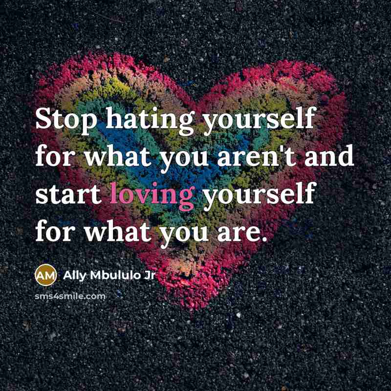 “Stop hating yourself for what you aren't and start loving…” quote by Ally Mbululo Jr