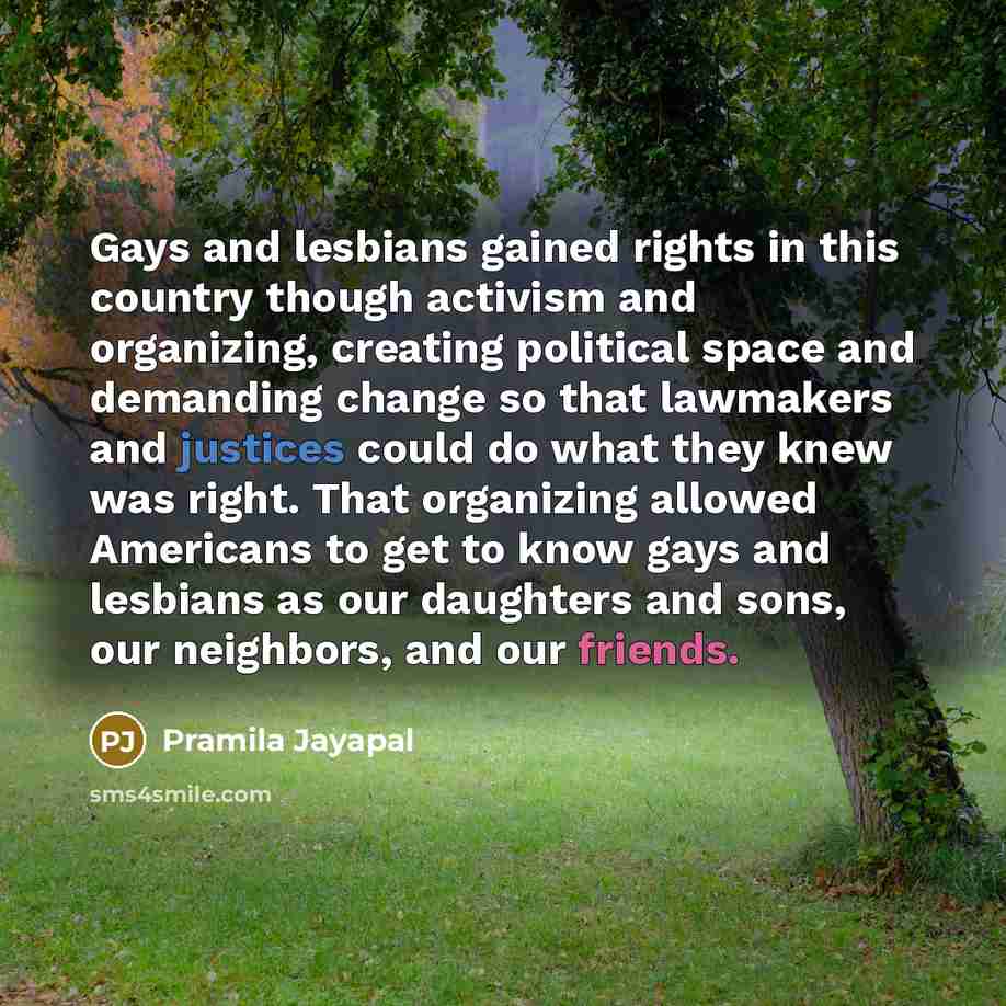 “Gays and lesbians gained rights in this country though activism and organizing, creating political space and demanding change so that lawmakers and justices could do what they knew was right. That organizing allowed Americans to get to know gays and lesbians as our daughters and sons, our…” quote by Pramila Jayapal