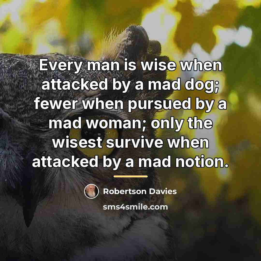 “Every man is wise when attacked by a mad dog;…” quote by Robertson Davies