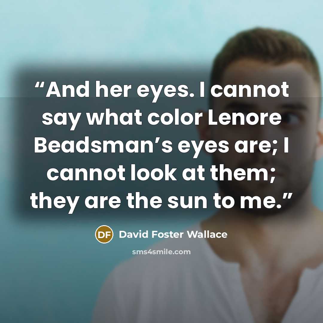 “And her eyes. I cannot say what color Lenore Beadsman’s eyes are; I cannot look at them; they are the sun to me.” quote by David Foster Wallace