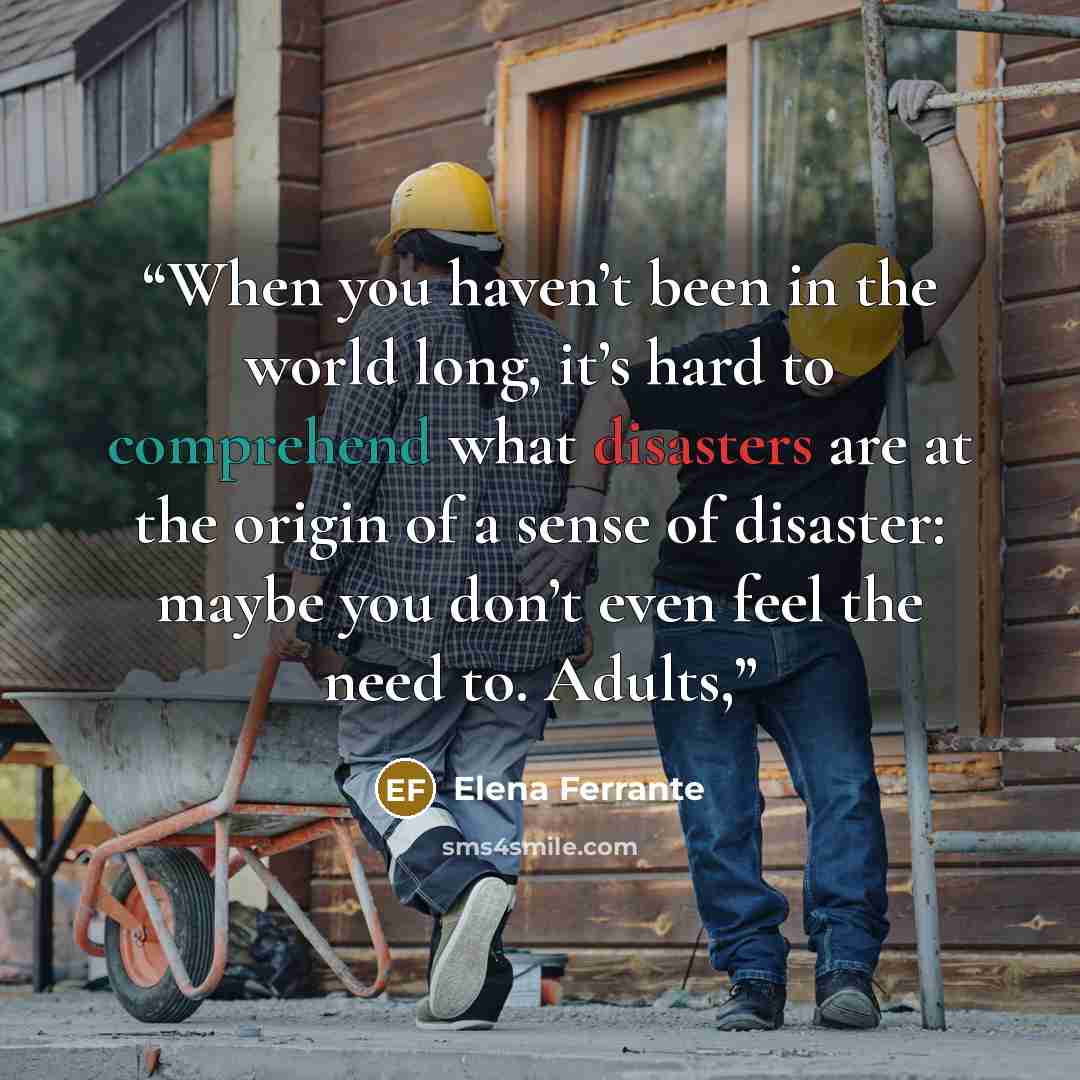 “When you haven’t been in the world long, it’s hard to comprehend what disasters are at the origin of a sense of disaster: maybe you don’t even feel the need to. Adults,” quote by Elena Ferrante