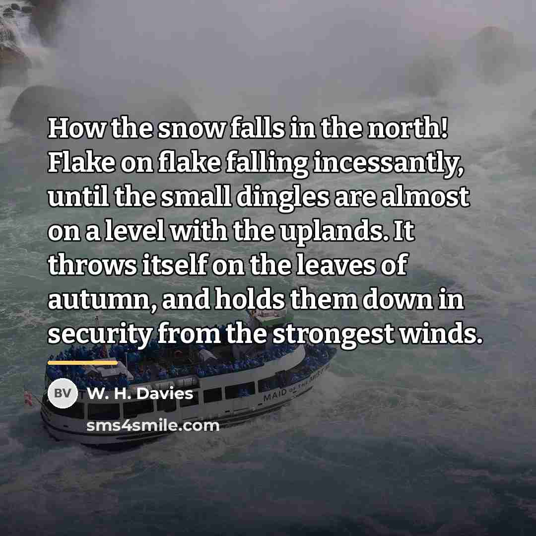 “How the snow falls in the north! Flake on flake…” quote by W. H. Davies