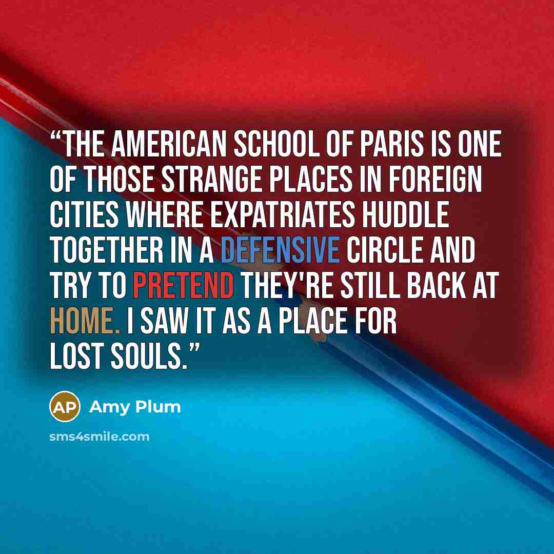 “The American School of Paris is one of those strange places in foreign cities where expatriates huddle together in a defensive circle and try to pretend they're still back at home. I saw it as a place for lost souls.” quote by Amy Plum