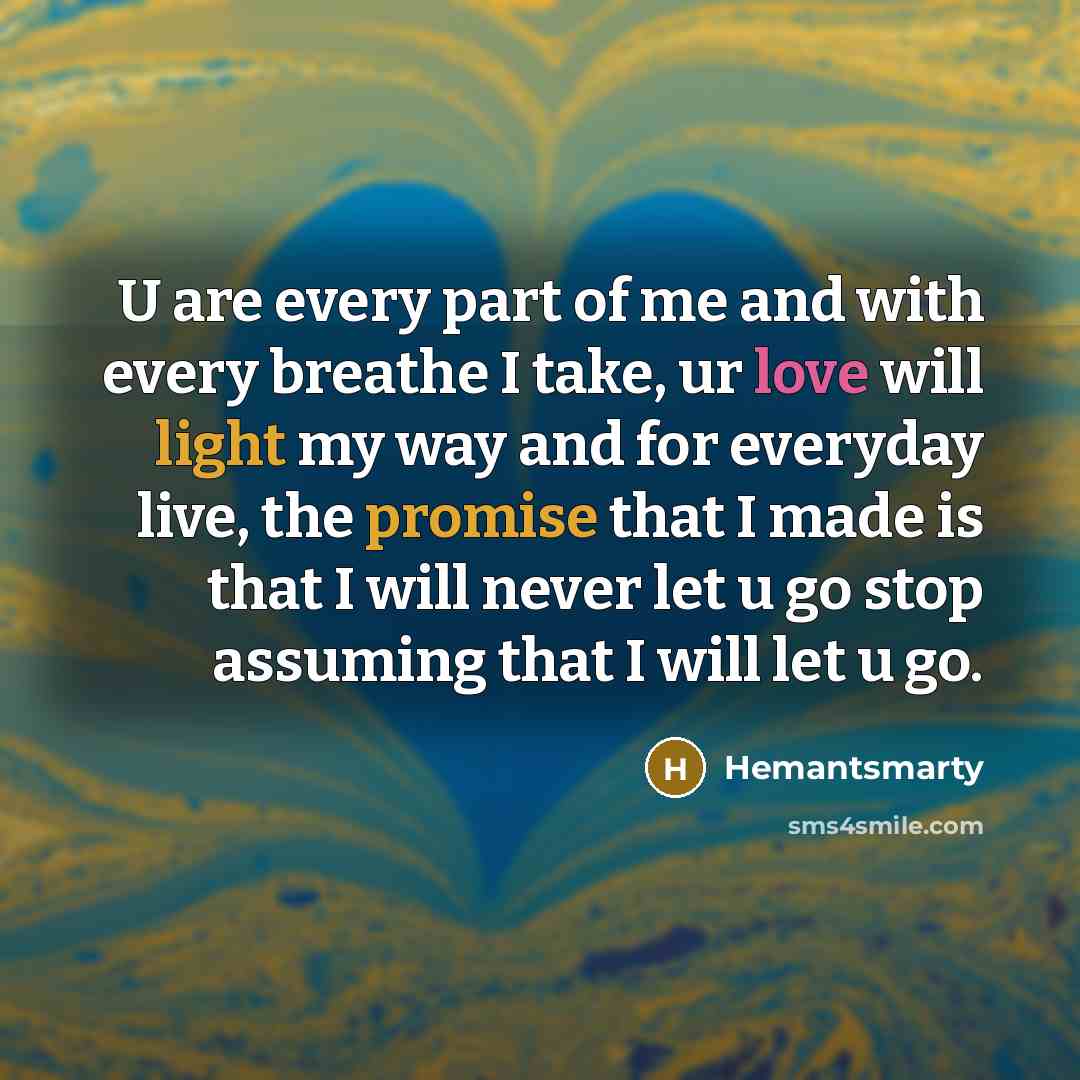 “U are every part of me and with every breathe I take, ur love will light my way and for everyday live, the promise that I made is that I will never let u go stop assuming that I will let u go.” quote by Hemantsmarty