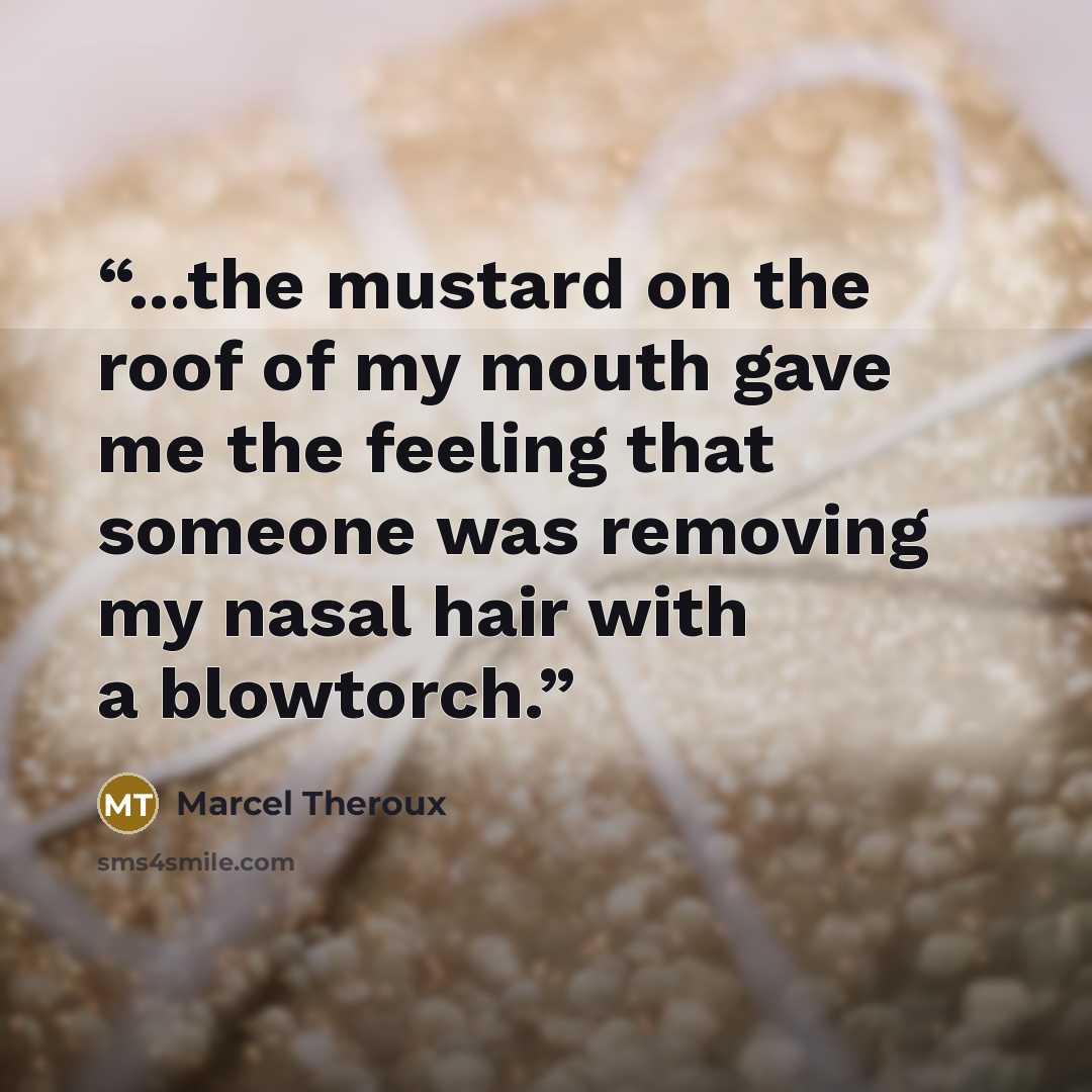 “...the mustard on the roof of my mouth gave me the feeling that someone was removing my nasal hair with a blowtorch.” quote by Marcel Theroux