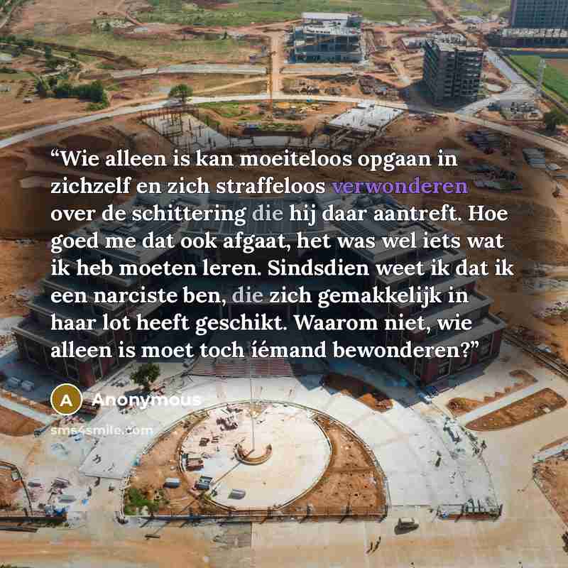 “Wie alleen is kan moeiteloos opgaan in zichzelf en zich straffeloos verwonderen over de schittering die hij daar aantreft. Hoe goed me dat ook afgaat, het was wel iets wat ik heb moeten leren. Sindsdien weet ik dat ik een narciste ben, die zich gemakkelijk in haar lot heeft geschikt. Waarom niet…” quote by Anonymous