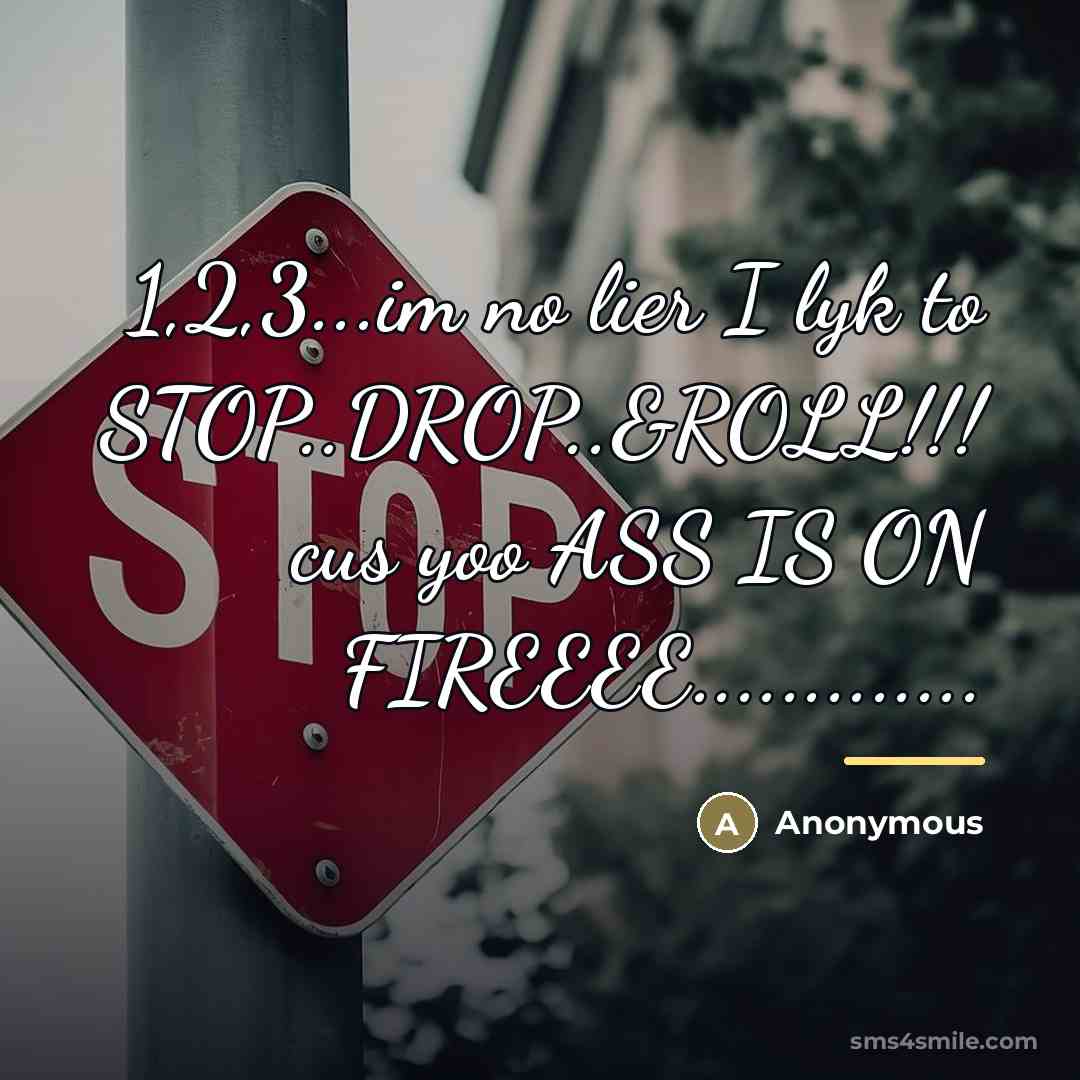 “1,2,3...im no lier I lyk to STOP..DROP..&ROLL!!! cus yoo ASS…” quote by Anonymous