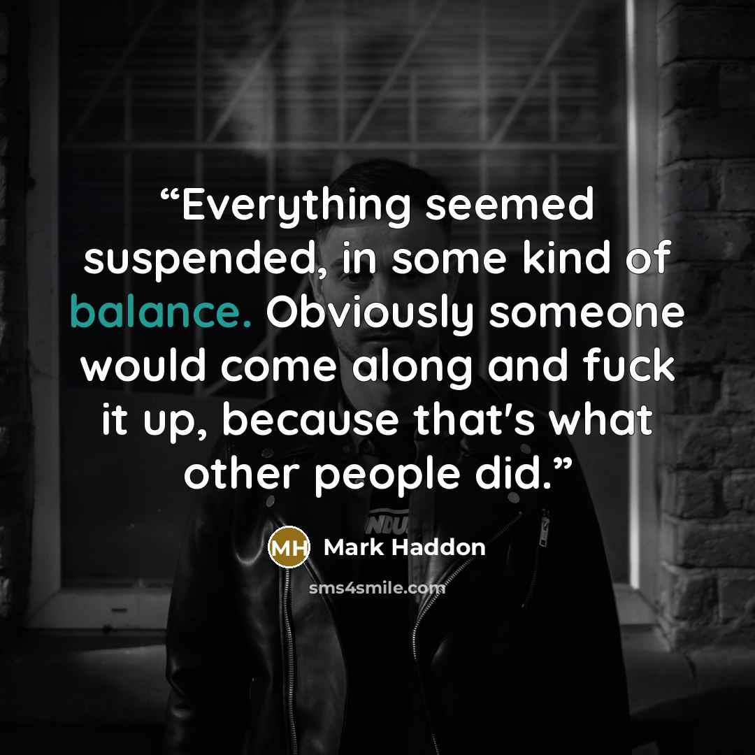 “Everything seemed suspended, in some kind of balance. Obviously someone would come along and fuck it up, because that's what other people did.” quote by Mark Haddon