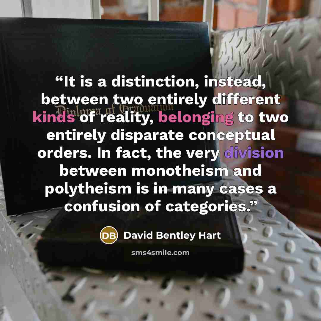 “It is a distinction, instead, between two entirely different kinds of reality, belonging to two entirely disparate conceptual orders. In fact, the very division between monotheism and polytheism is in many cases a confusion of categories.” quote by David Bentley Hart