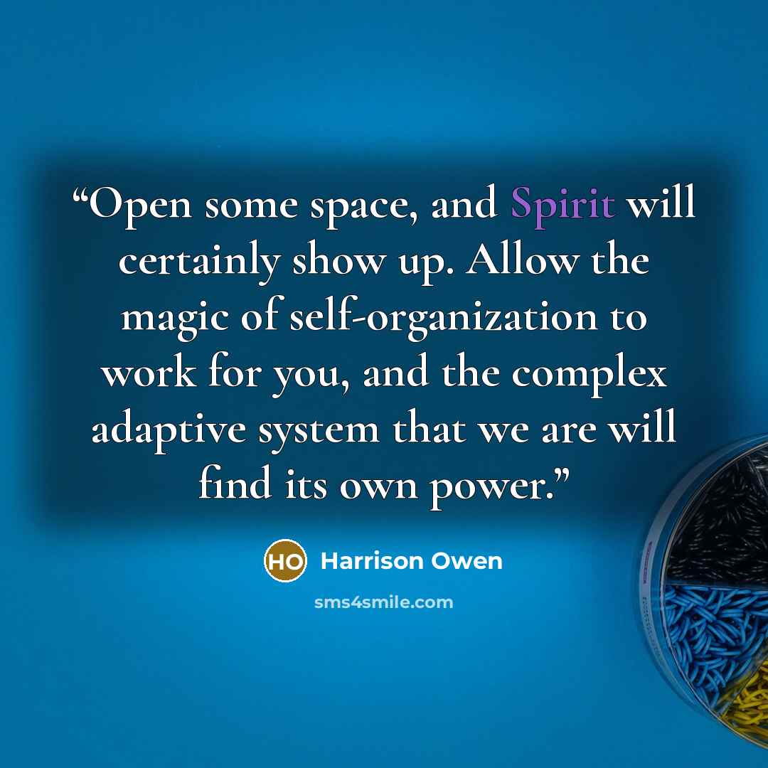 “Open some space, and Spirit will certainly show up. Allow the magic of self-organization to work for you, and the complex adaptive system that we are will find its own power.” quote by Harrison Owen