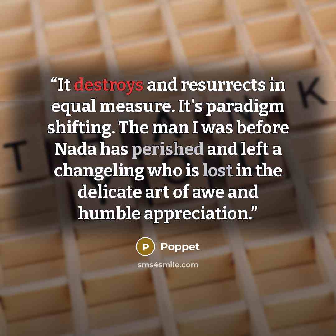 “It destroys and resurrects in equal measure. It's paradigm shifting. The man I was before Nada has perished and left a changeling who is lost in the delicate art of awe and humble appreciation.” quote by Poppet