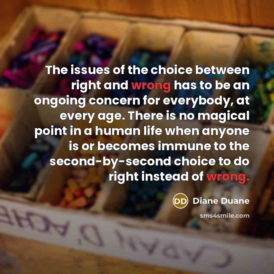 “The issues of the choice between right and wrong has…” quote by Diane Duane