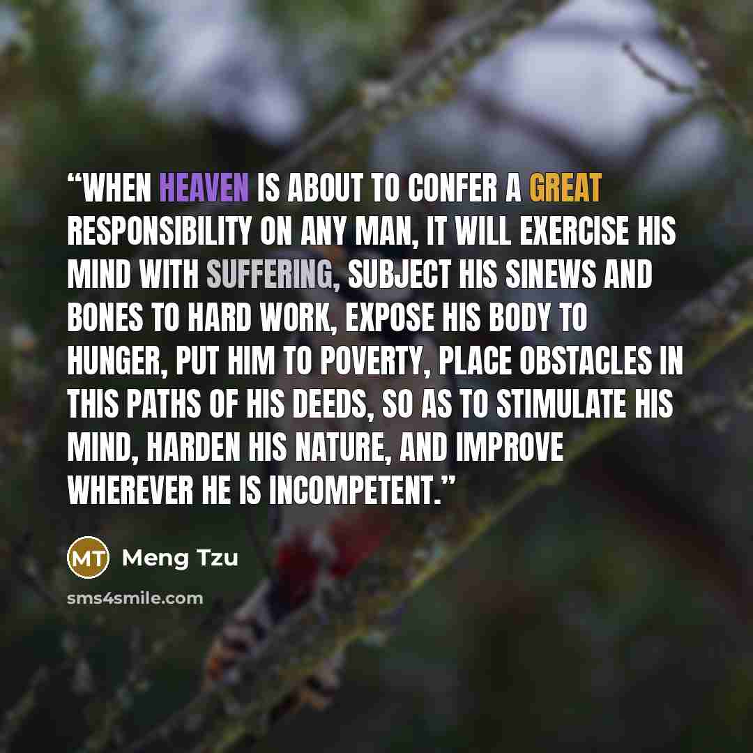 “When heaven is about to confer a great responsibility on any man, it will exercise his mind with suffering, subject his sinews and bones to hard work, expose his body to hunger, put him to poverty, place obstacles in this paths of his deeds, so as to stimulate his mind, harden his nature, and…” quote by Meng Tzu