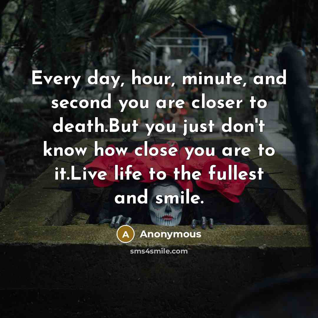 “Every day, hour, minute, and second you are closer to death.But you just don't know how close you are to it.Live life to the fullest and smile.” quote by Anonymous