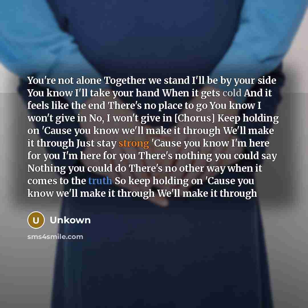 “You're not alone Together we stand I'll be by your side You know I'll take your hand When it gets cold And it feels like the end There's no place to go You know I won't give in No, I won't give in [Chorus] Keep holding on 'Cause you know we'll make it through We'll make it through Just stay strong…” quote by Unkown