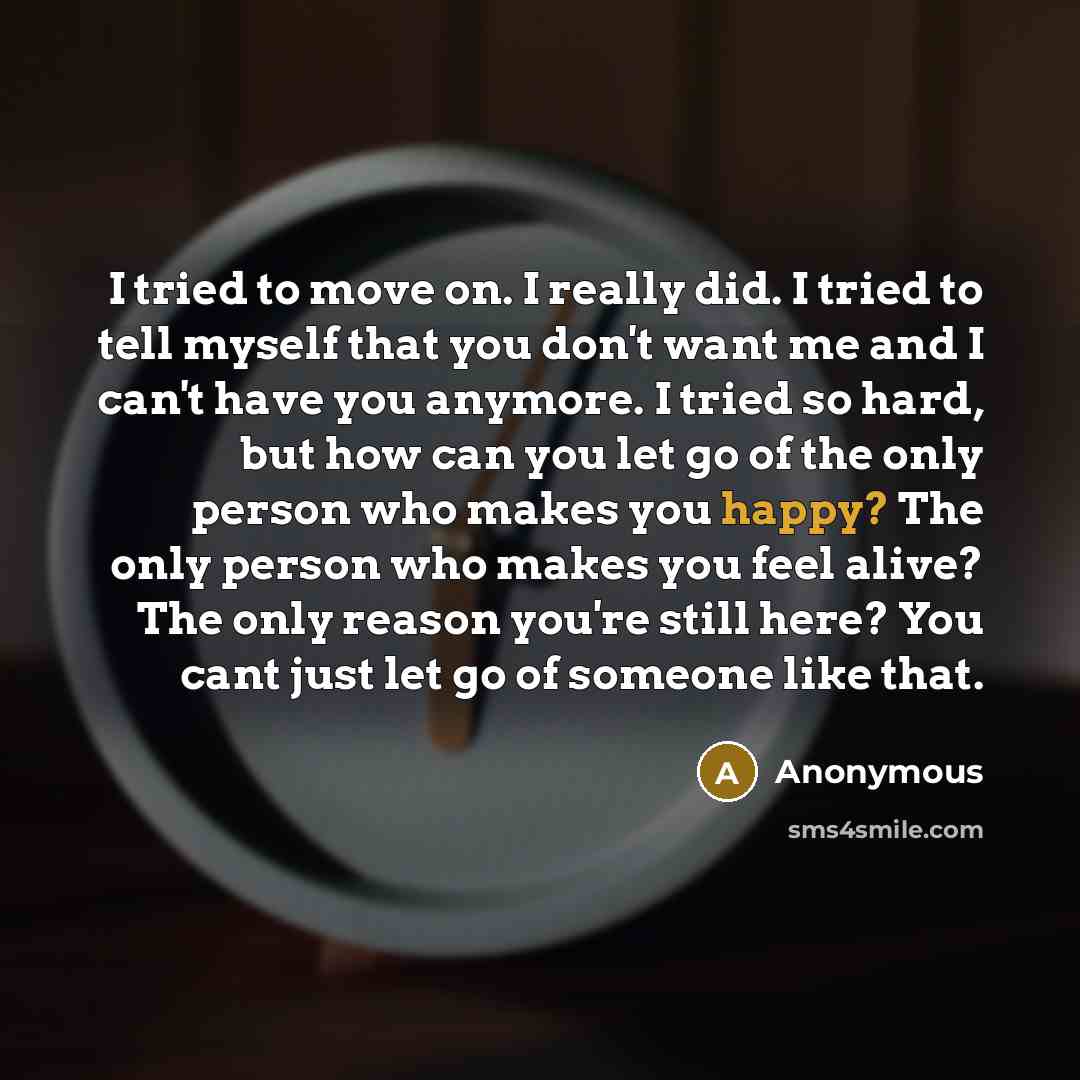 “I tried to move on. I really did. I tried to tell myself that you don't want me and I can't have you anymore. I tried so hard, but how can you let go of the only person who makes you happy? The only person who makes you feel alive? The only reason you're still here? You cant just let go of someone…” quote by Anonymous