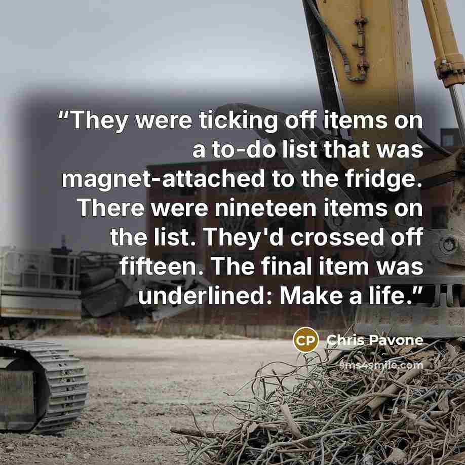 “They were ticking off items on a to-do list that was magnet-attached to the fridge. There were nineteen items on the list. They'd crossed off fifteen. The final item was underlined: Make a life.” quote by Chris Pavone