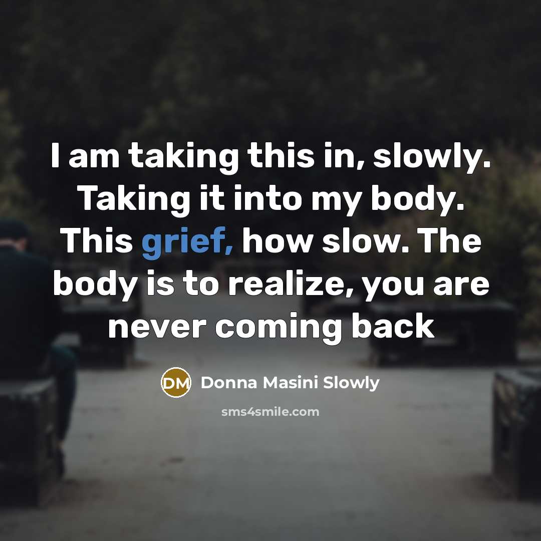“I am taking this in, slowly. Taking it into my body. This grief, how slow. The body is to realize, you are never coming back” quote by Donna Masini Slowly