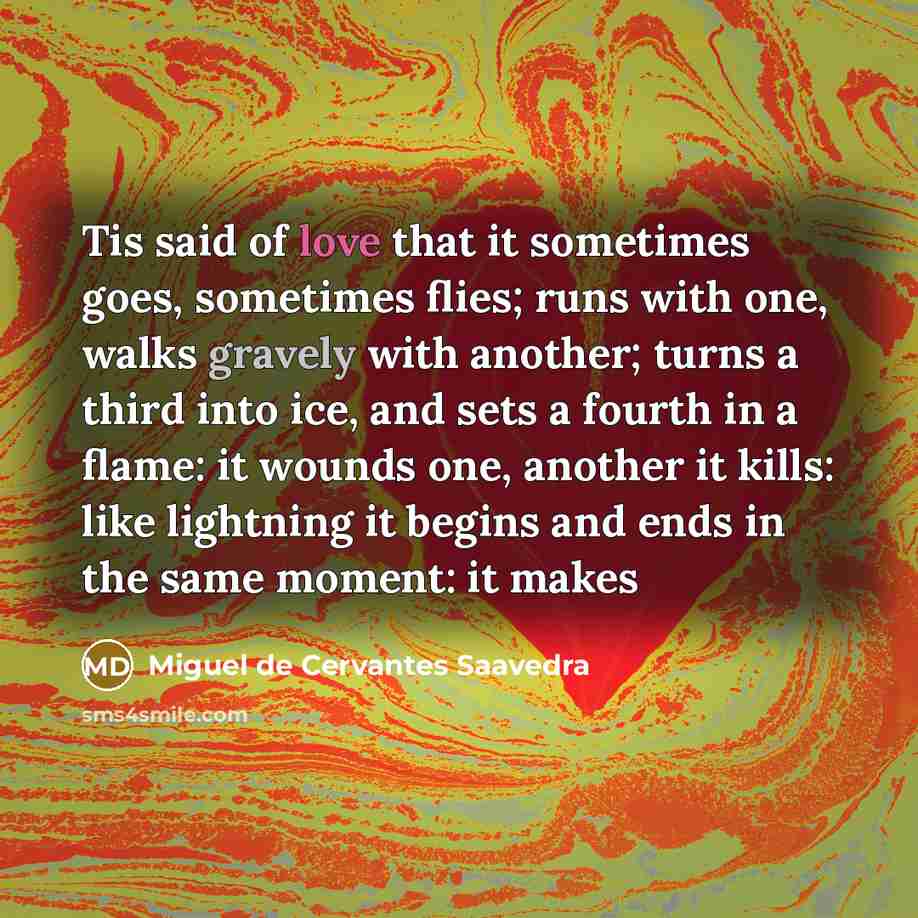 “Tis said of love that it sometimes goes, sometimes flies;…” quote by Miguel De Cervantes Saavedra