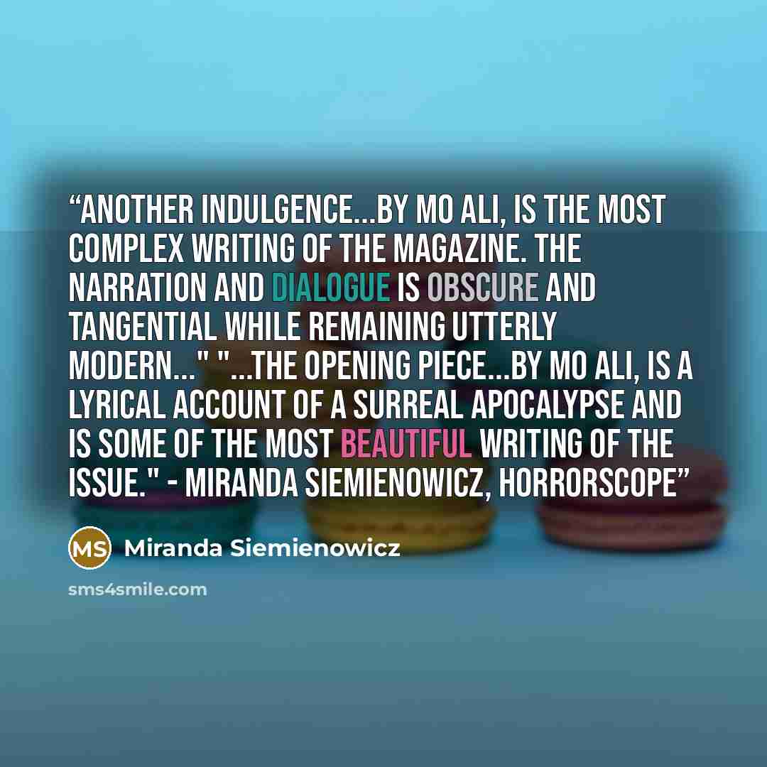 “Another indulgence...by Mo Ali, is the most complex writing of the magazine. The narration and dialogue is obscure and tangential while remaining utterly modern..." "...The opening piece...by Mo Ali, is a lyrical account of a surreal apocalypse and is some of the most beautiful writing of the…” quote by Miranda Siemienowicz