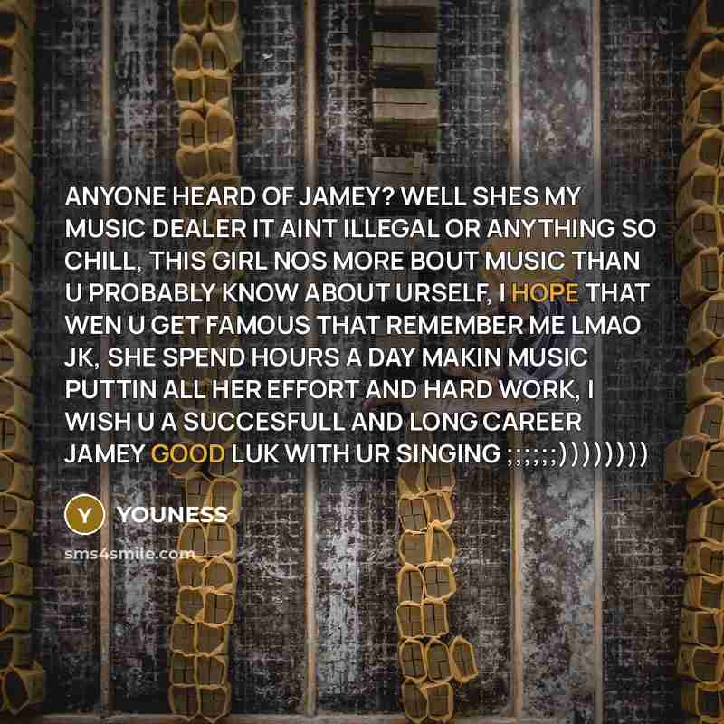 “ANYONE HEARD OF JAMEY? WELL SHES MY MUSIC DEALER IT…” quote by YOUNESS