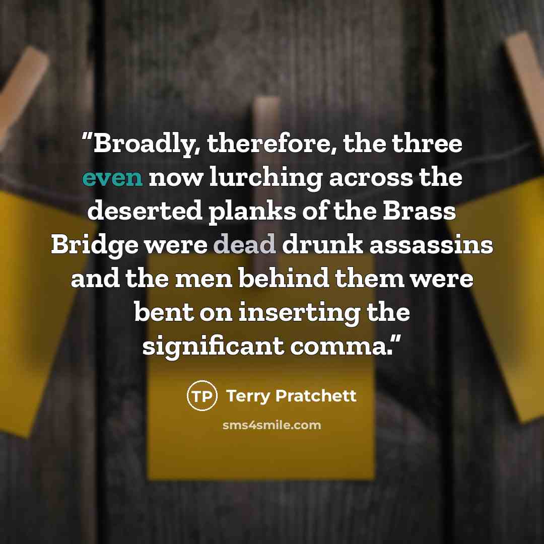“Broadly, therefore, the three even now lurching across the deserted planks of the Brass Bridge were dead drunk assassins and the men behind them were bent on inserting the significant comma.” quote by Terry Pratchett