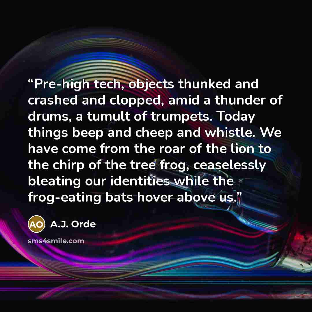 “Pre-high tech, objects thunked and crashed and clopped, amid a thunder of drums, a tumult of trumpets. Today things beep and cheep and whistle. We have come from the roar of the lion to the chirp of the tree frog, ceaselessly bleating our identities while the frog-eating bats hover above us.” quote by A.J. Orde