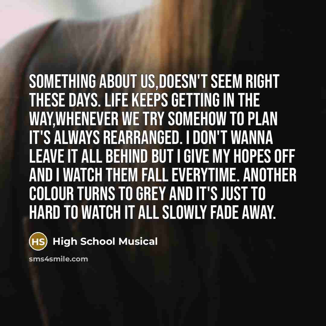 “Something about us,Doesn't seem right these days. Life keeps getting in the way,Whenever we try somehow to plan it's always rearranged. I Don't wanna leave it all behind But I give my hopes off and I watch them fall everytime. Another colour turns to grey and it's just to hard to watch it all…” quote by High School Musical