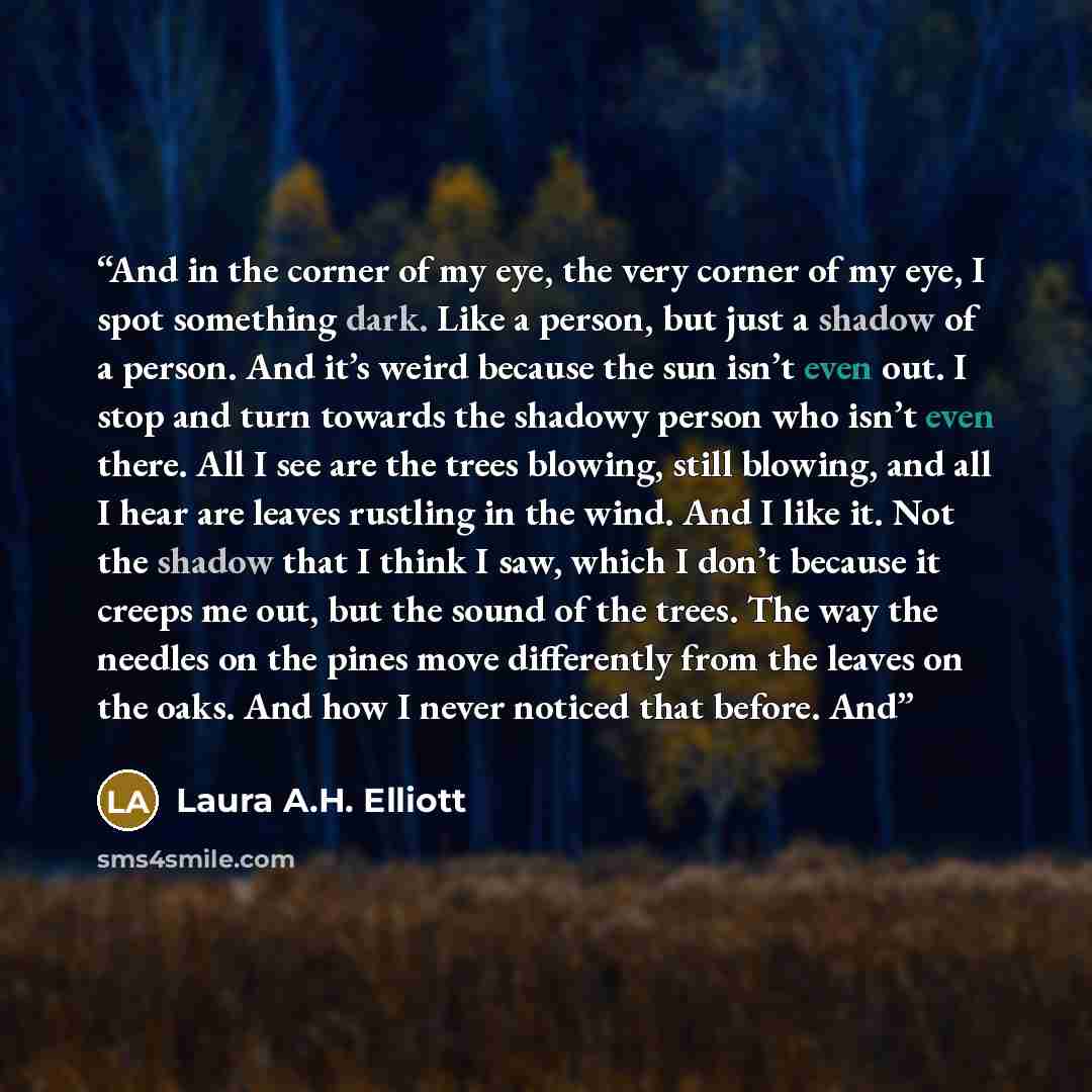 “And in the corner of my eye, the very corner of my eye, I spot something dark. Like a person, but just a shadow of a person. And it’s weird because the sun isn’t even out. I stop and turn towards the shadowy person who isn’t even there. All I see are the trees blowing, still blowing, and all I…” quote by Laura A.H. Elliott