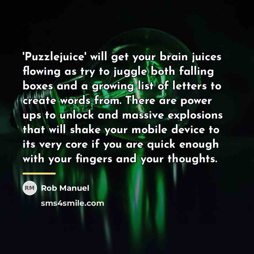 “'Puzzlejuice' will get your brain juices flowing as try to…” quote by Rob Manuel