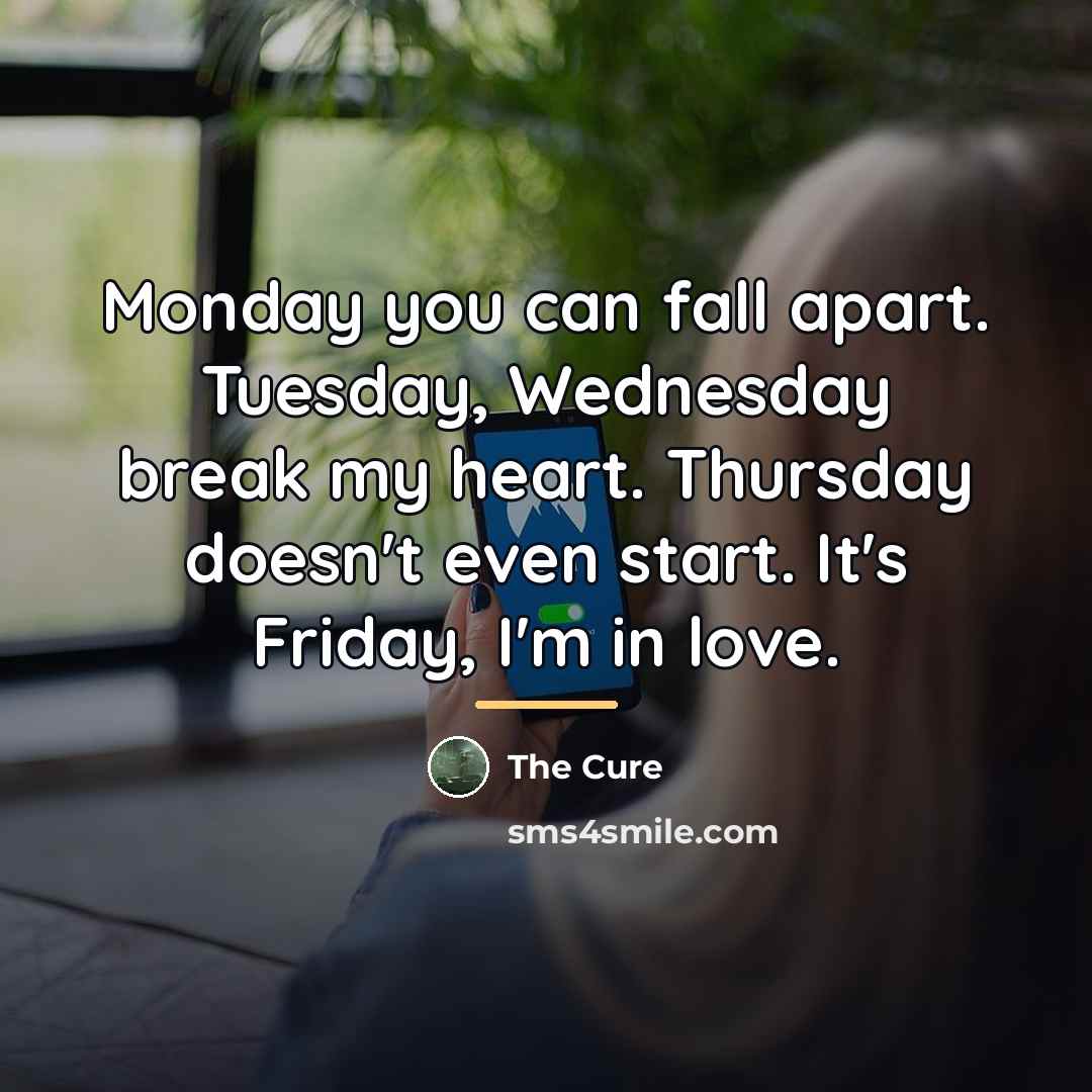 “Monday you can fall apart. Tuesday, Wednesday break my heart.…” quote by The Cure