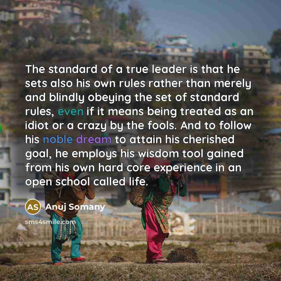 “The standard of a true leader is that he sets also his own rules rather than merely and blindly obeying the set of standard rules, even if it means being treated as an idiot or a crazy by the fools. And to follow his noble dream to attain his cherished goal, he employs his wisdom tool gained from…” quote by Anuj Somany