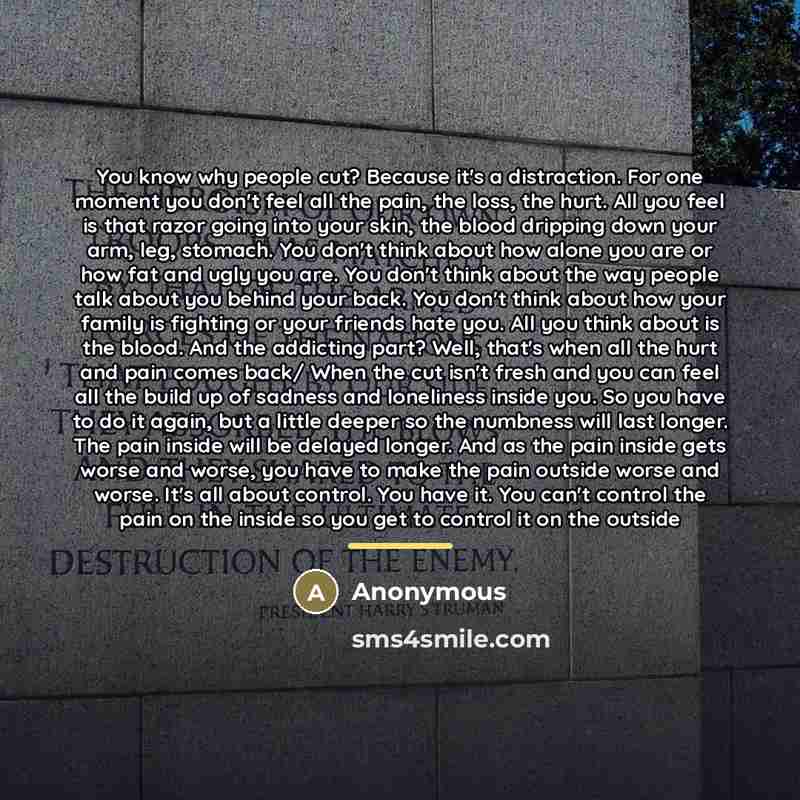 “You know why people cut? Because it's a distraction. For…” quote by Anonymous