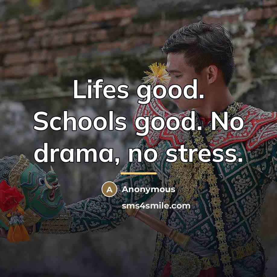 “Lifes good. Schools good. No drama, no stress.…” quote by Anonymous