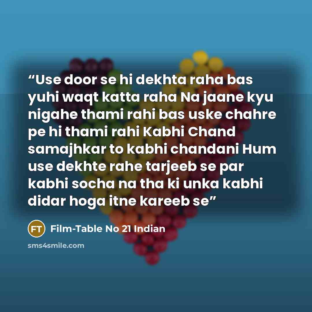 “Use door se hi dekhta raha bas yuhi waqt katta raha Na jaane kyu nigahe thami rahi bas uske chahre pe hi thami rahi Kabhi Chand samajhkar to kabhi chandani Hum use dekhte rahe tarjeeb se par kabhi socha na tha ki unka kabhi didar hoga itne kareeb se” quote by Film-Table No 21 Indian
