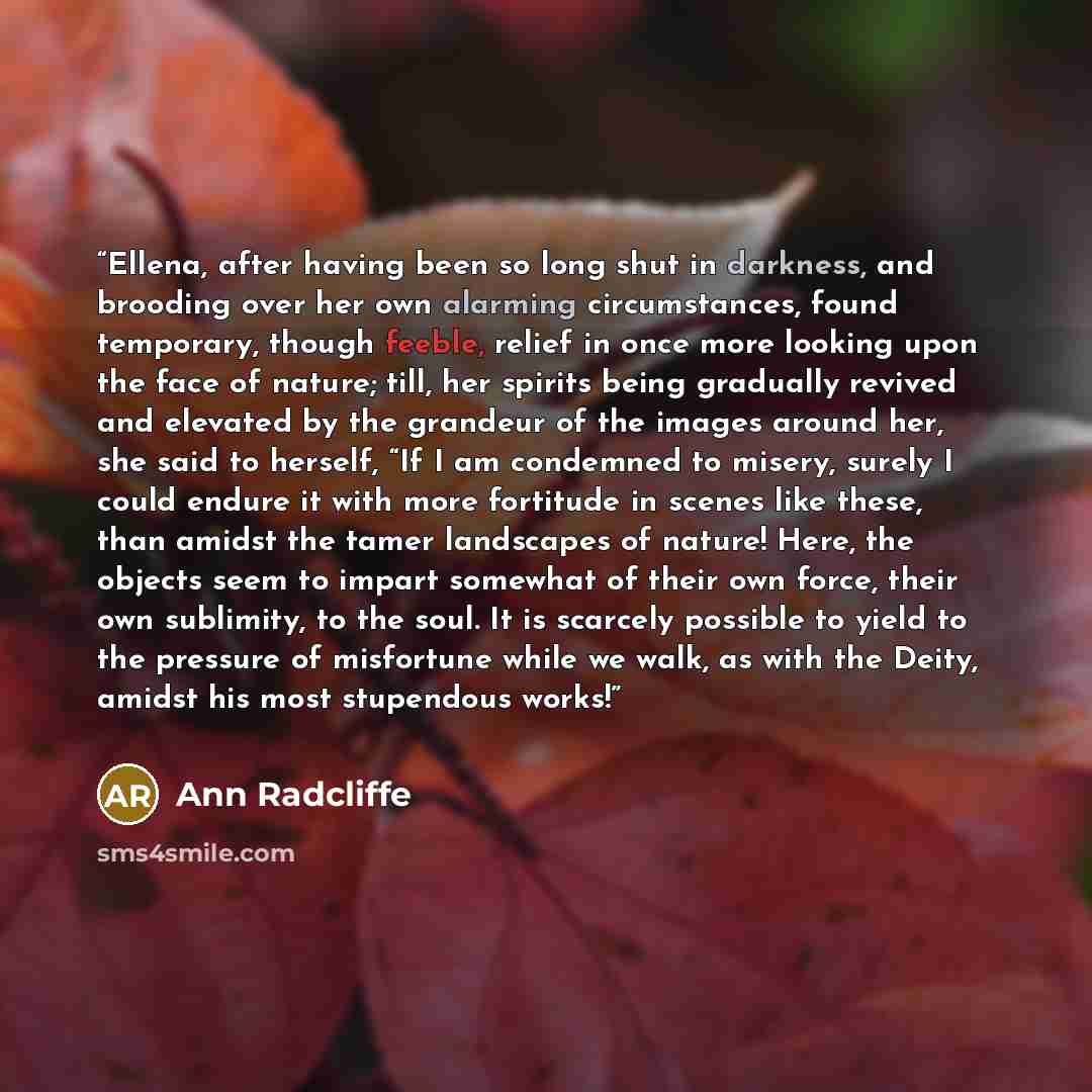 “Ellena, after having been so long shut in darkness, and brooding over her own alarming circumstances, found temporary, though feeble, relief in once more looking upon the face of nature; till, her spirits being gradually revived and elevated by the grandeur of the images around her, she said to…” quote by Ann Radcliffe