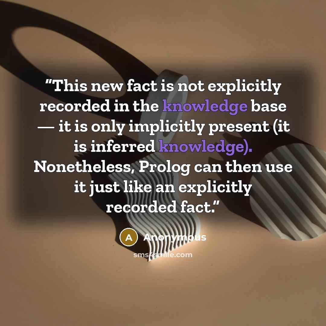 “This new fact is not explicitly recorded in the knowledge base — it is only implicitly present (it is inferred knowledge). Nonetheless, Prolog can then use it just like an explicitly recorded fact.” quote by Anonymous