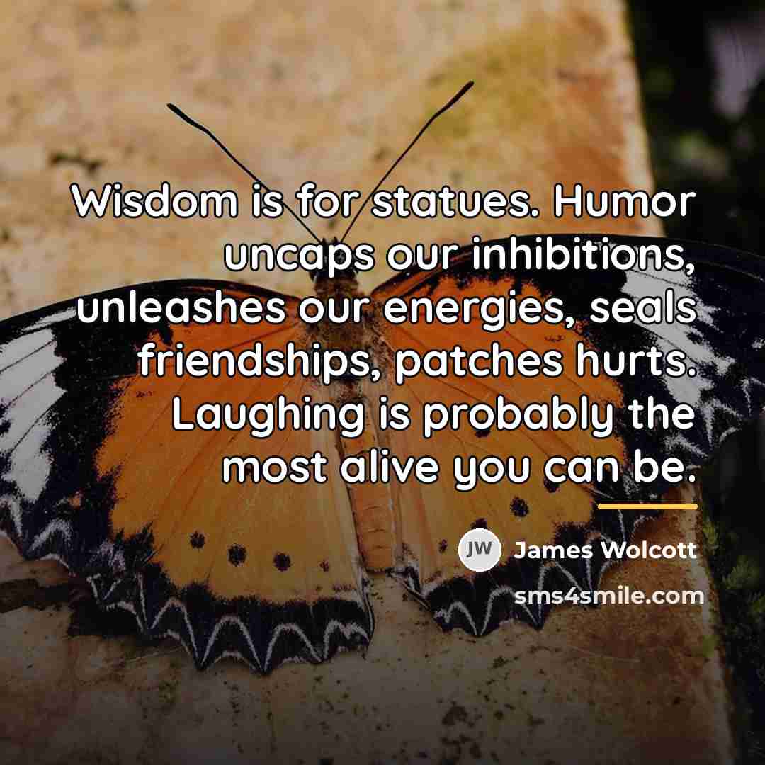 “Wisdom is for statues. Humor uncaps our inhibitions, unleashes our…” quote by James Wolcott