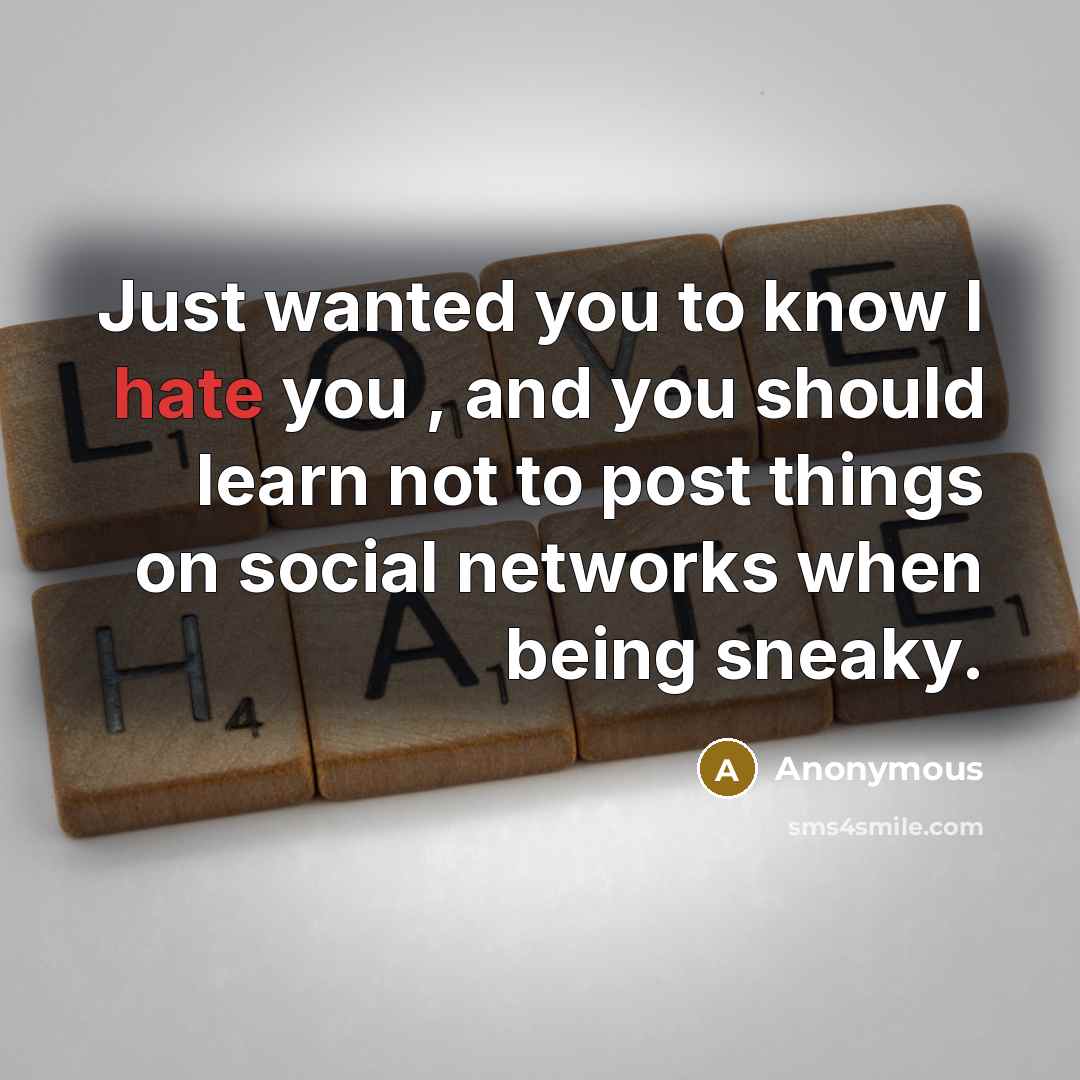 “Just wanted you to know I hate you , and you should learn not to post things on social networks when being sneaky.” quote by Anonymous