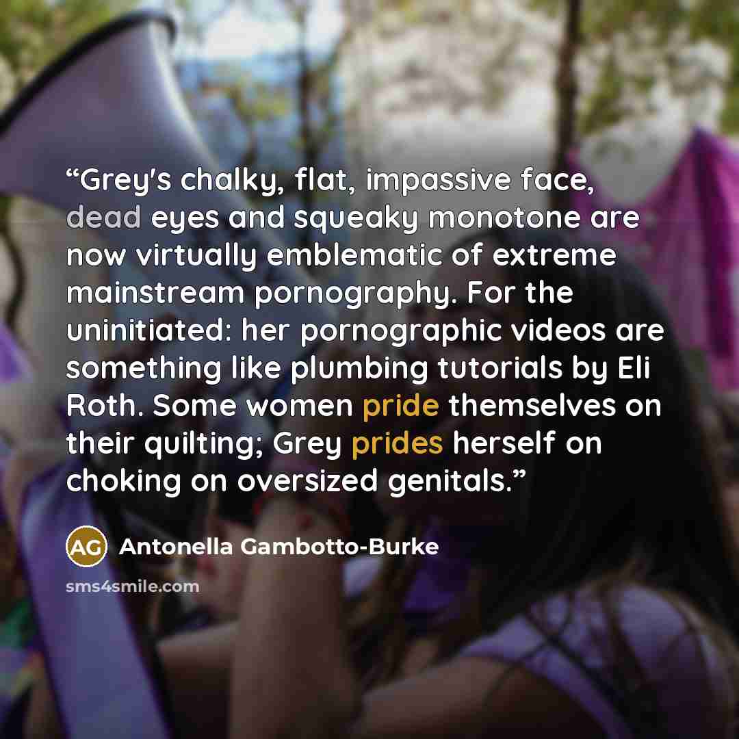 “Grey's chalky, flat, impassive face, dead eyes and squeaky monotone are now virtually emblematic of extreme mainstream pornography. For the uninitiated: her pornographic videos are something like plumbing tutorials by Eli Roth. Some women pride themselves on their quilting; Grey prides herself on…” quote by Antonella Gambotto-Burke