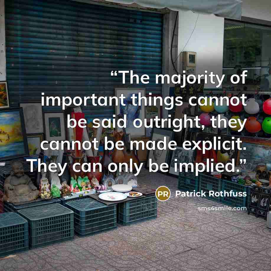 “The majority of important things cannot be said outright, they cannot be made explicit. They can only be implied.” quote by Patrick Rothfuss