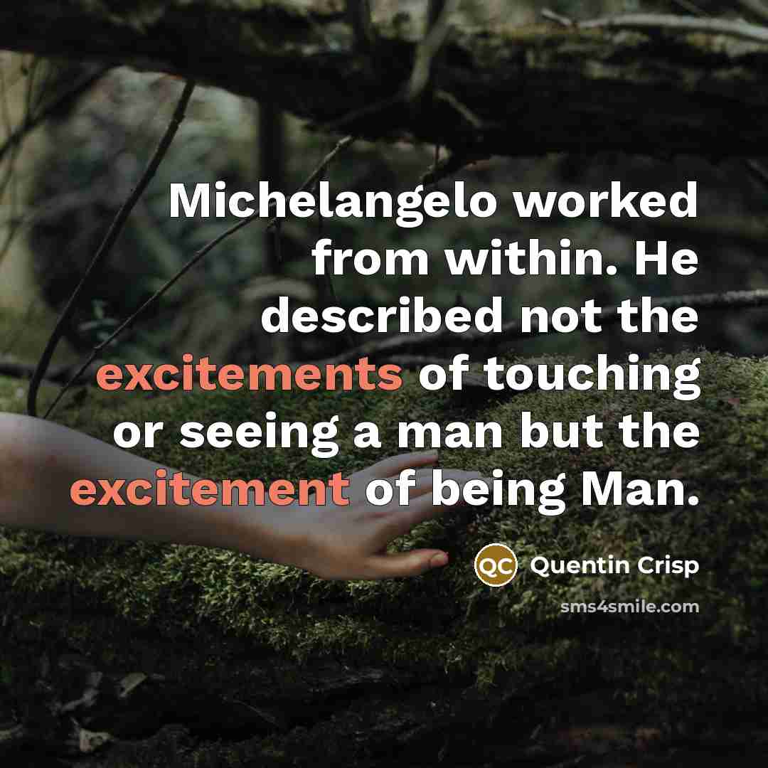 “Michelangelo worked from within. He described not the excitements of touching or seeing a man but the excitement of being Man.” quote by Quentin Crisp
