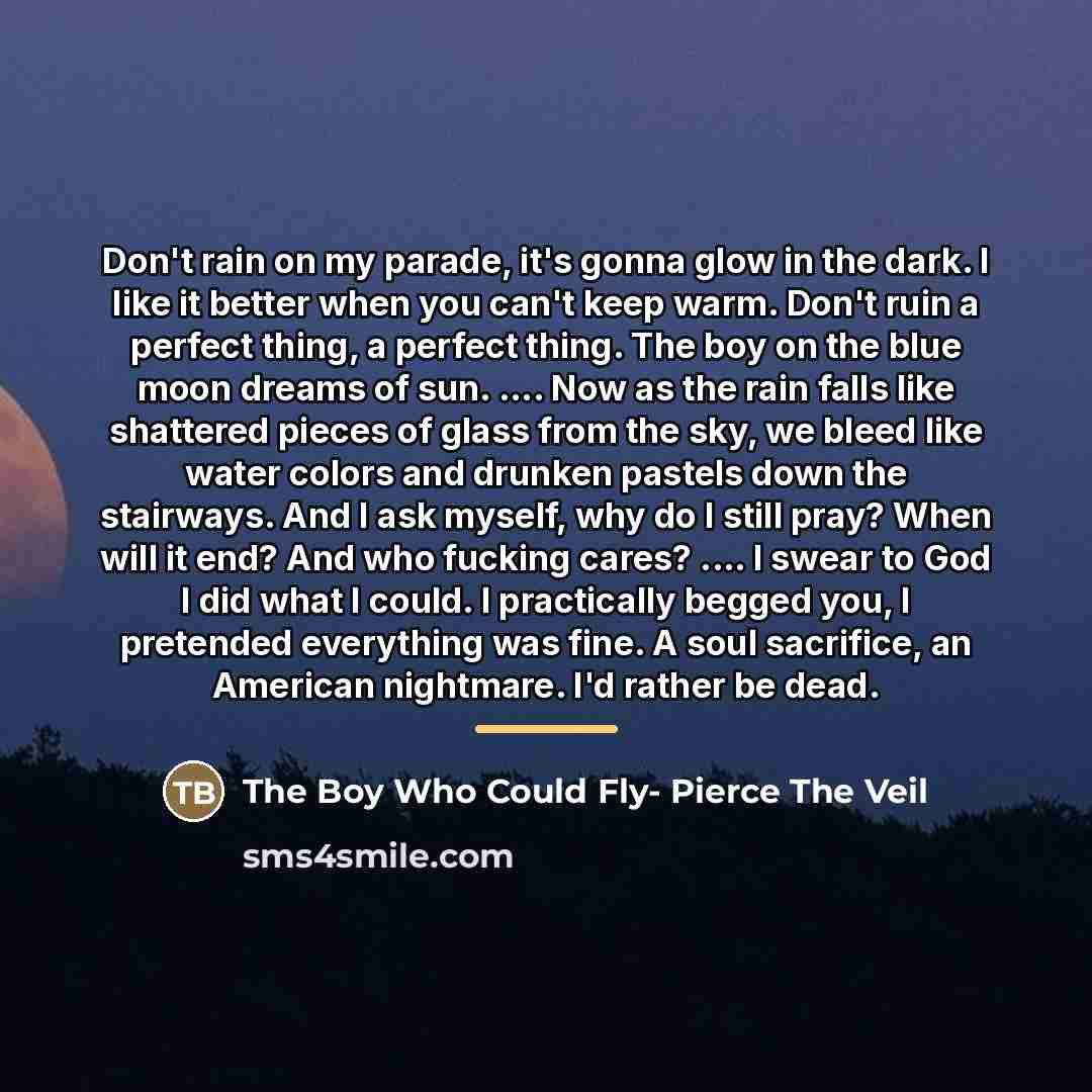 “Don't rain on my parade, it's gonna glow in the…” quote by The Boy Who Could Fly- Pierce The Veil